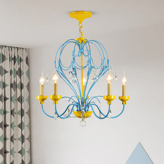 Macaron Candle Chandelier Lamp Hanging Light Metallic 5 Lights Crystal Drop Yellow & Blue