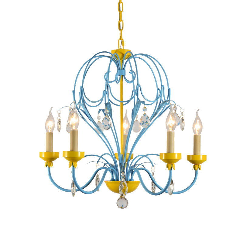 Children's Macaron Candle Chandelier Lamp with Crystal Drop - Yellow/Blue, Metallic Finish, 5 Lights