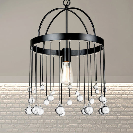 Industrial Style Hanging Pendant Light with Crystal Ball Deco - 1-Light Ring Suspension Lamp in Black