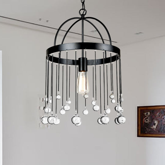 Industrial Style Hanging Pendant Light with Crystal Ball Deco - 1-Light Ring Suspension Lamp in Black