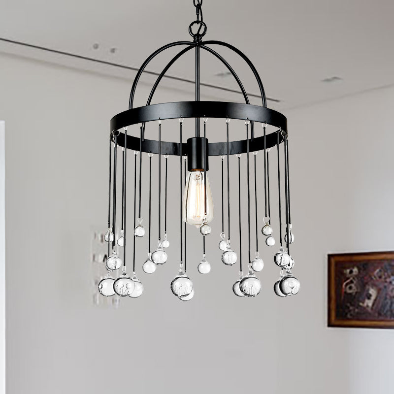 Industrial Style 1-Light Ring Pendant Light With Crystal Ball Deco - Black Suspension Lamp