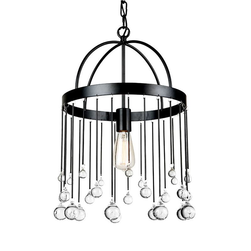 Industrial Style 1-Light Ring Pendant Light With Crystal Ball Deco - Black Suspension Lamp
