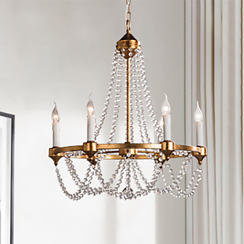 French Country Crystal Chandelier with 6 Lights in Antique Brass Finish