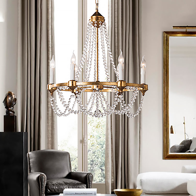 Crystal Beaded French Country Candle Chandelier With 6 Lights In Antique Brass Pendant Lighting