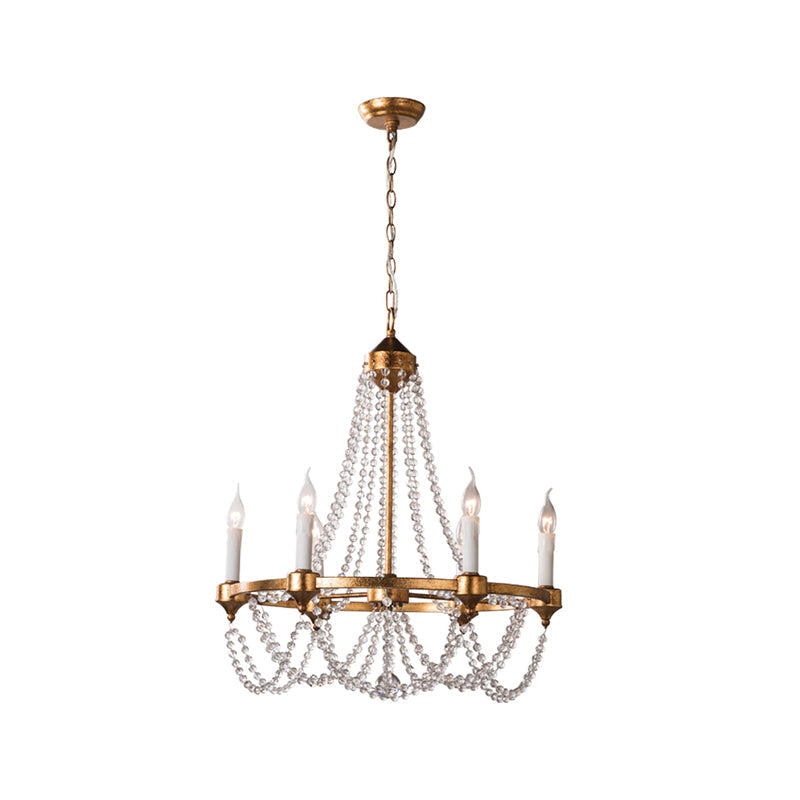 French Country Crystal Chandelier with 6 Lights in Antique Brass Finish