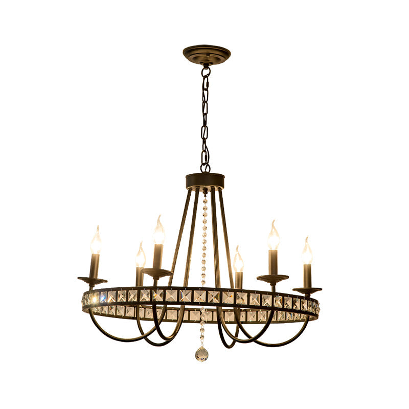 Black Metal Candle Chandelier With Clear Crystal Deco - 6/8 Light Pendant Fixture For Industrial