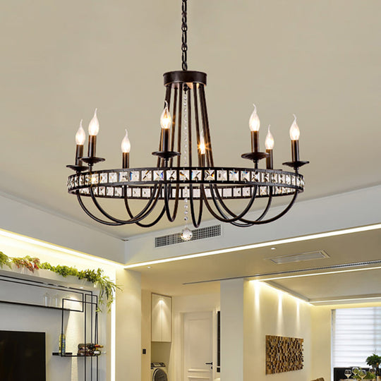 Black Metal Candle Chandelier With Clear Crystal Deco - 6/8 Light Pendant Fixture For Industrial