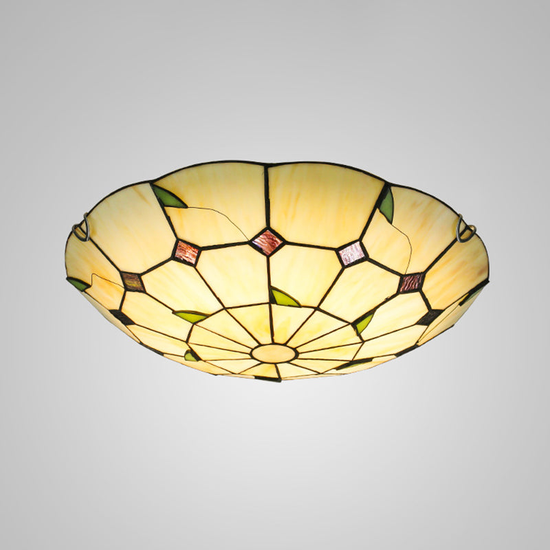 Tiffany Style Glass Bowl Led Ceiling Light - Handcrafted Beige Flush Mount For Hallway / 12