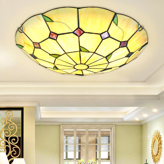 Tiffany Style Glass Bowl Led Ceiling Light - Handcrafted Beige Flush Mount For Hallway