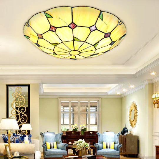 Tiffany Style Glass Bowl Led Ceiling Light - Handcrafted Beige Flush Mount For Hallway