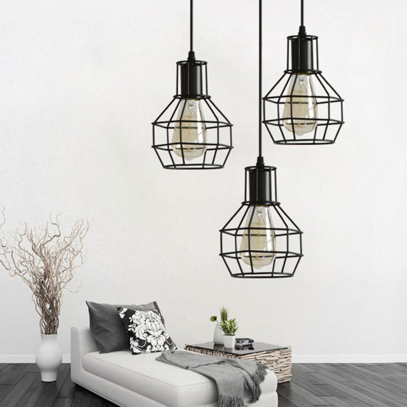 Open Cage Industrial Pendant Ceiling Light - Black Metal Hanging Fixture