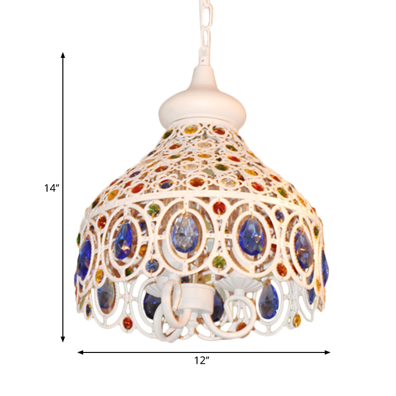 Bohemia Metal Pendant Lighting With Crystal Gem Deco - White Dome Hanging Ceiling Light For Foyer 3