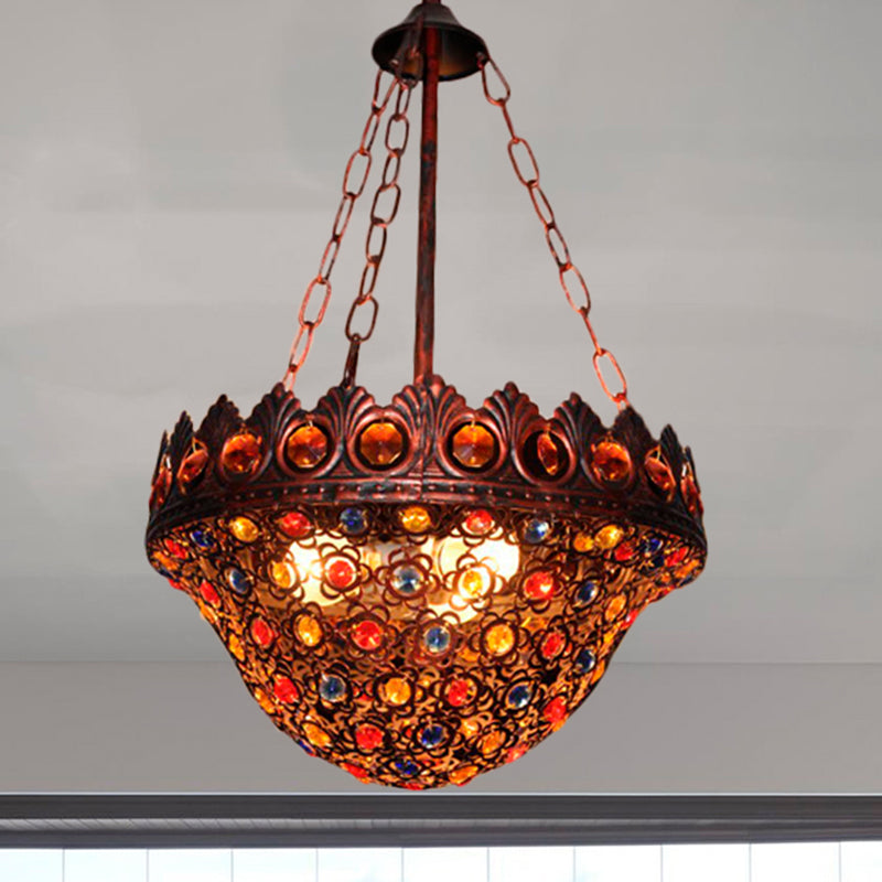 Rustic Copper Bohemia 3-Light Suspension Lamp: Crystal & Metal Bowl Ceiling Light For Corridor