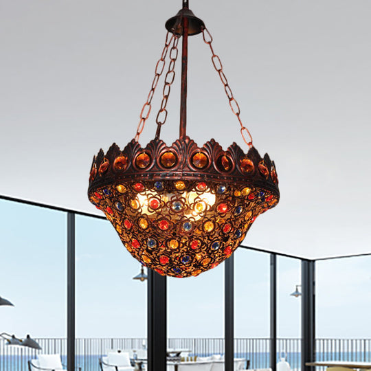 Rustic Copper Bohemia 3-Light Suspension Lamp: Crystal & Metal Bowl Ceiling Light For Corridor
