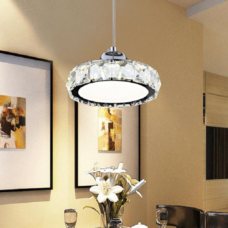 Contemporary Led Crystal Disc Pendant Light In Silver With Suspension