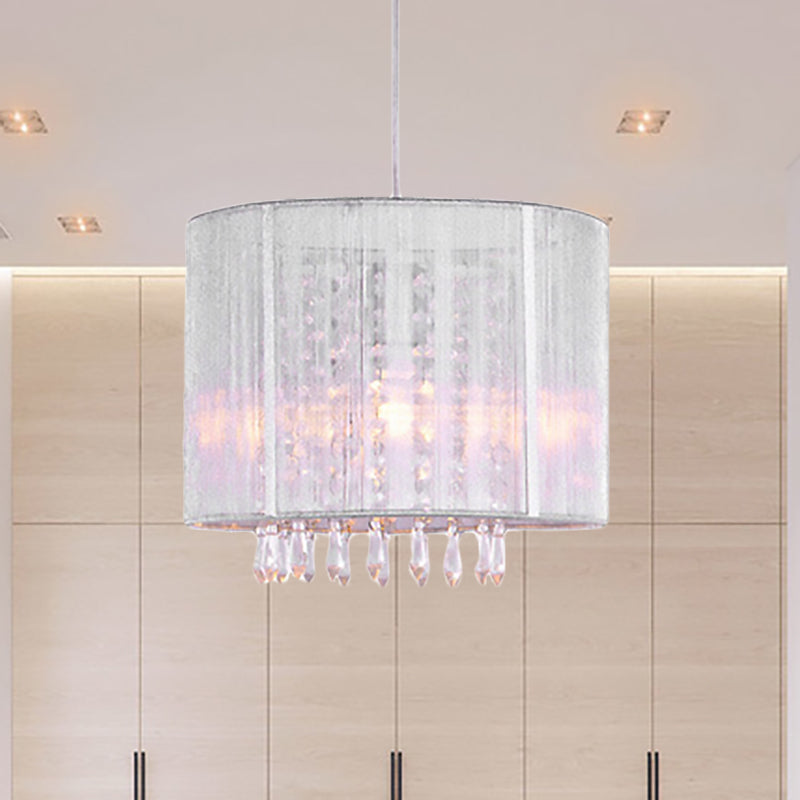 Silver Drum Hanging Lamp with Clear Crystal Prism - Modern 1 Light Pendant Fixture