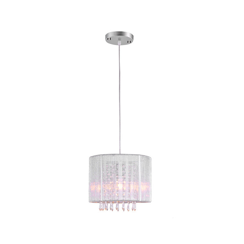 Silver Drum Hanging Lamp with Clear Crystal Prism - Modern 1 Light Pendant Fixture