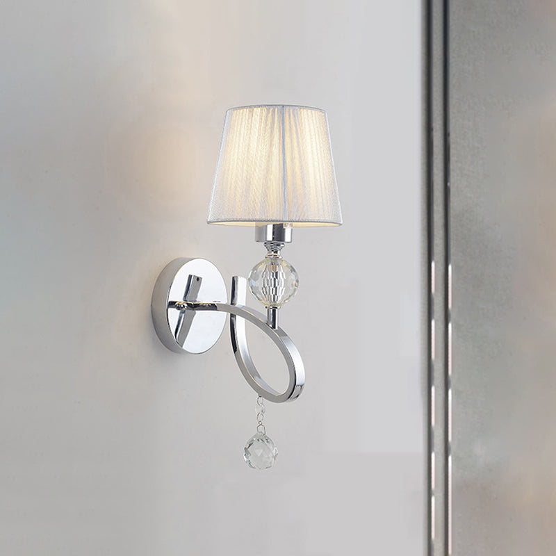 Modern Bedroom Wall Sconce: Cone Shade Fabric 1-Head Light With Clear Crystal Ball Deco - Silver