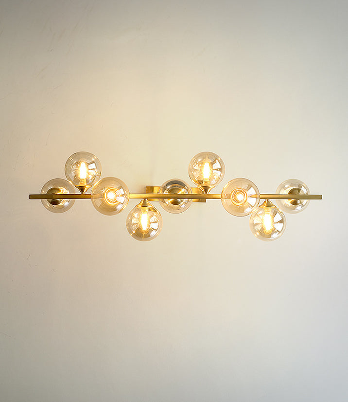 Mid-Century Modern Gold Metal Pendant With Spherical Amber Glass - Island Ceiling Light For Dining