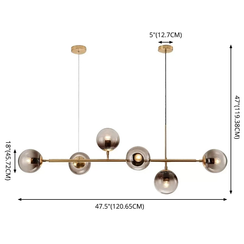 Modern Gold Metal Pendant Lighting - Spherical Smoke Glass With 6 Lights For Dining Table And