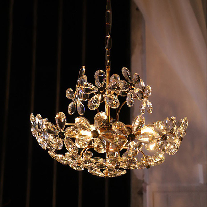 Vintage Brass Art Deco Chandelier: Floral Crystal Interior Drop Lamp Gold / 18