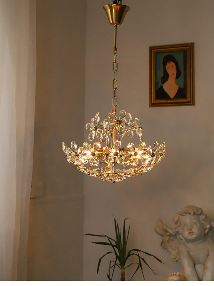 Vintage Brass Art Deco Chandelier: Floral Crystal Interior Drop Lamp