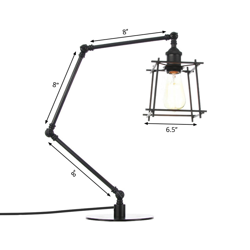 Vintage Metal Trapezoid Cage Table Lamp With Adjustable Arm - Black/Brass Finish