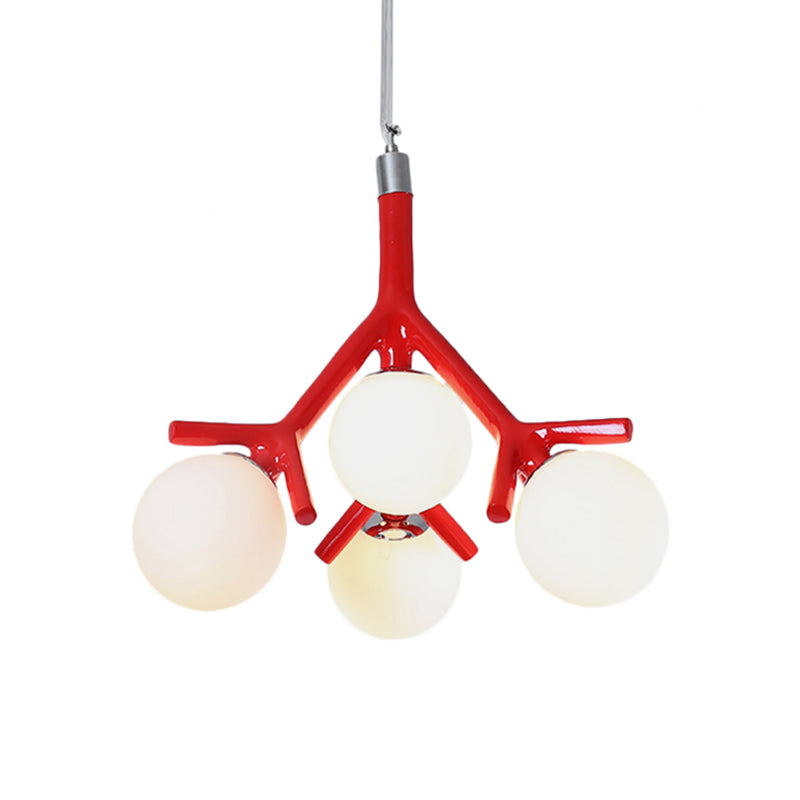 Contemporary Global 4-Light White Glass Chandelier with Branch Design - Hanging Ceiling Fixture in White/Black/Red