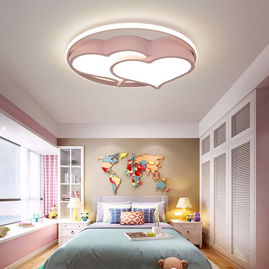 Kids Heart Flush Mount Ceiling Light For Bedroom - 1 Metal Pink / White