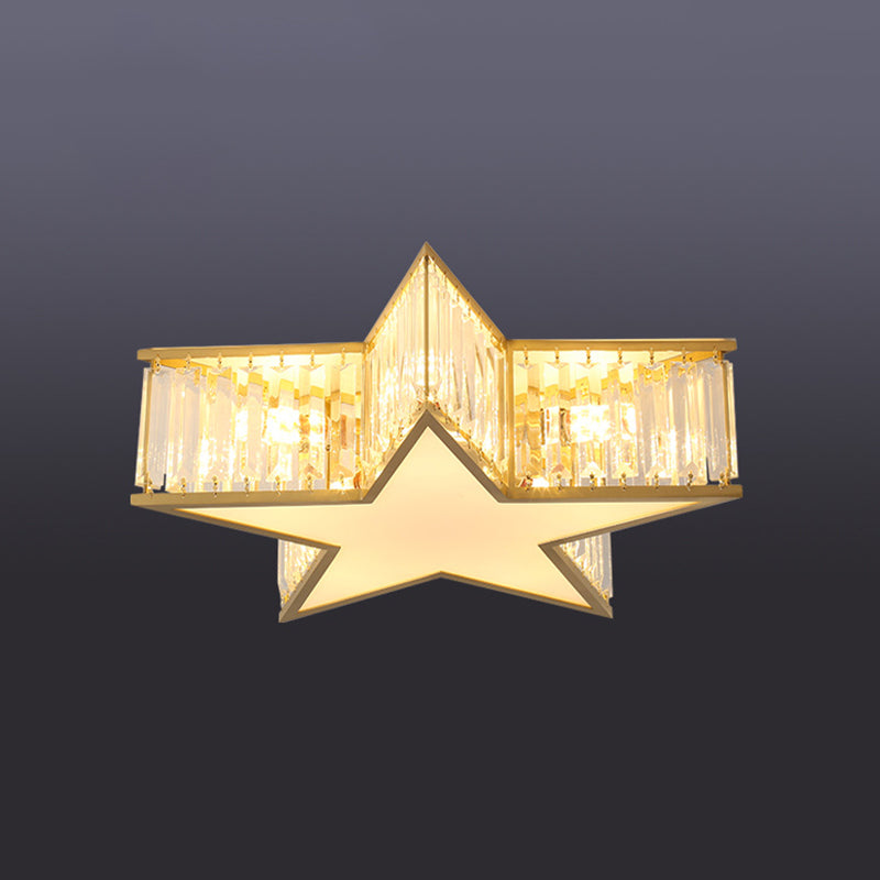 Contemporary Crystal Flush Mount Ceiling Light Fixture - Pentagram Design Brass