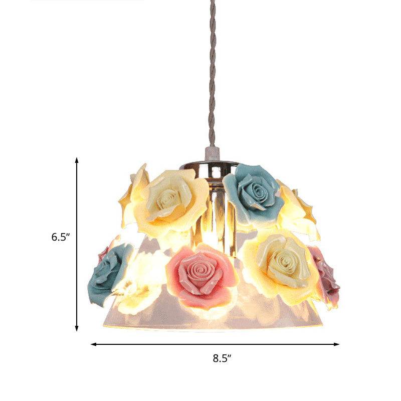 Modern Cone Pendant Ceiling Light, Clear Glass, 1 Head, Living Room Hanging Lamp with Blue-Pink-Yellow Flower Ceramic Design