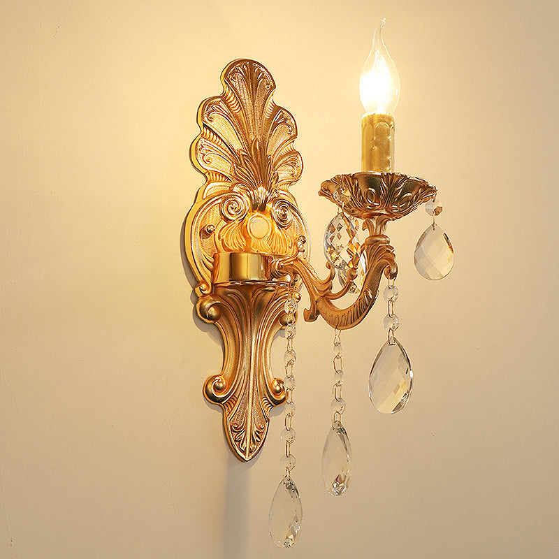 Postmodern Brass Wall Sconce With Crystal Drip Accent - Candelabra Style 1/2 Head Design For Living