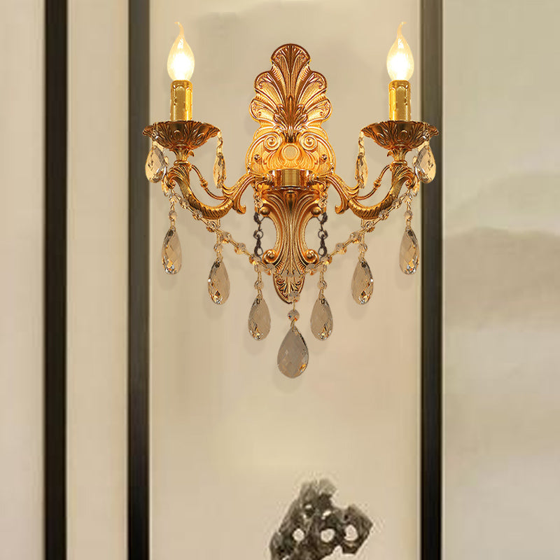 Postmodern Brass Wall Sconce With Crystal Drip Accent - Candelabra Style 1/2 Head Design For Living