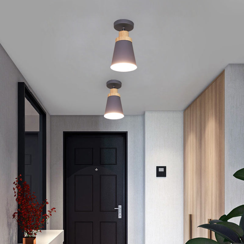 Wooden Nordic Modern Hallway Ceiling Light With Metal Shade - 1-Light Semi Flush Mount