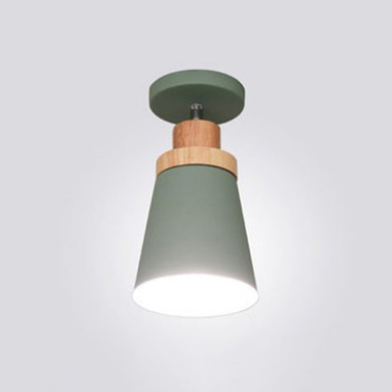 Wooden Nordic Modern Hallway Ceiling Light With Metal Shade - 1-Light Semi Flush Mount Green / Cone
