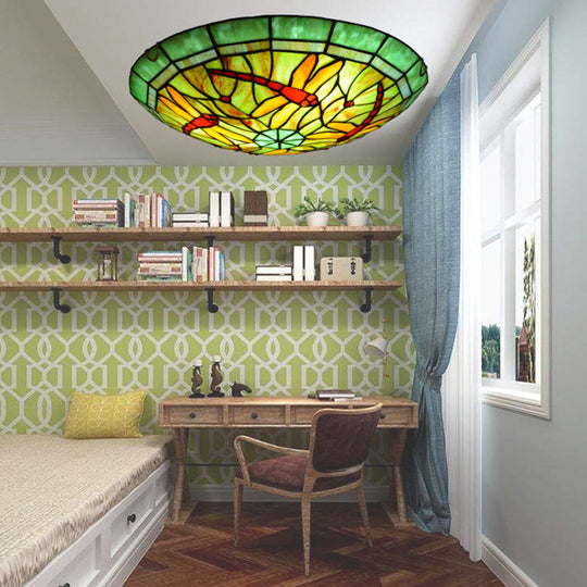 Tiffany Green Handcrafted Art Glass Flushmount Ceiling Light For Bowl Flush-Mount Lamp / 12