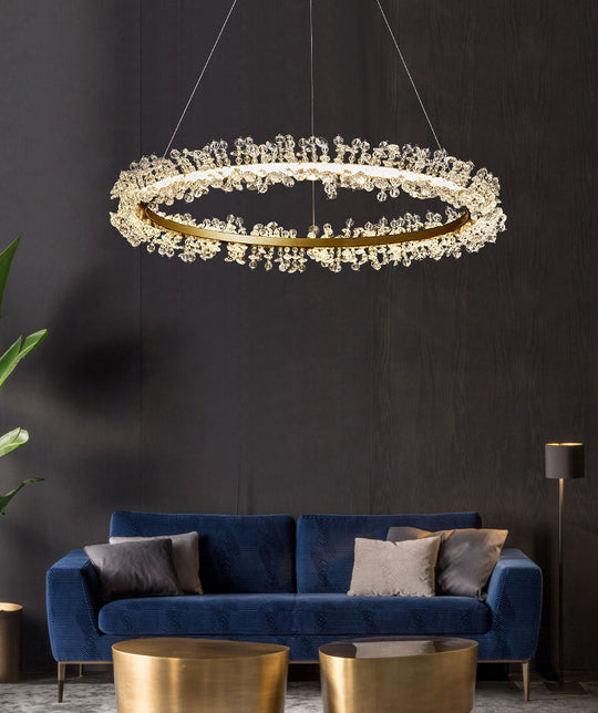 Minimalist Gold Chandelier Led Pendant Light For Bedroom - K9 Crystal Round Suspension Design