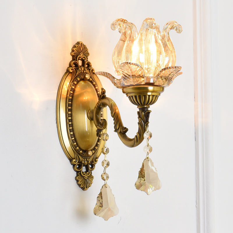 Modern Clear Glass Flower Wall Sconce Light With Crystal Drop - 1/2 Heads Brass Mounted 1 /