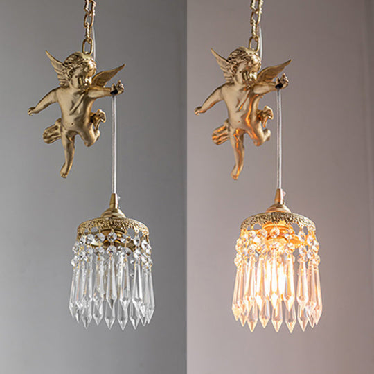Vintage Brass Angle Pendant Lamp - Bedroom Lighting With Crystal Drip Accent