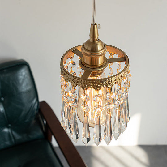 Vintage Brass Angle Pendant Lamp - Bedroom Lighting With Crystal Drip Accent