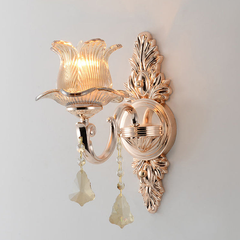 Modern Prism Glass Flower Wall Sconce Light - Brass With Crystal Accent 1 /