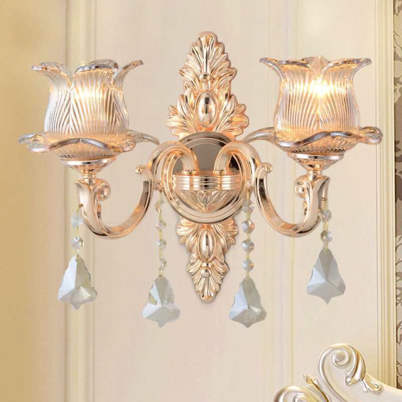 Modern Prism Glass Flower Wall Sconce Light - Brass With Crystal Accent 2 /