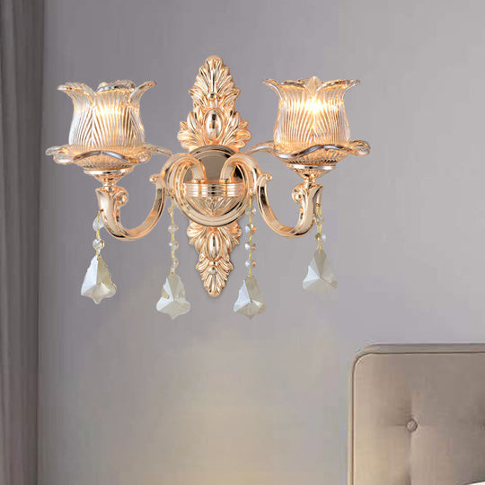 Modern Prism Glass Flower Wall Sconce Light - Brass With Crystal Accent