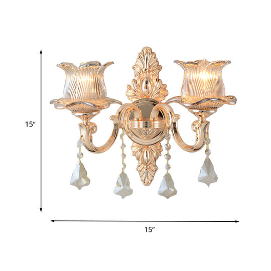 Modern Prism Glass Flower Wall Sconce Light - Brass With Crystal Accent