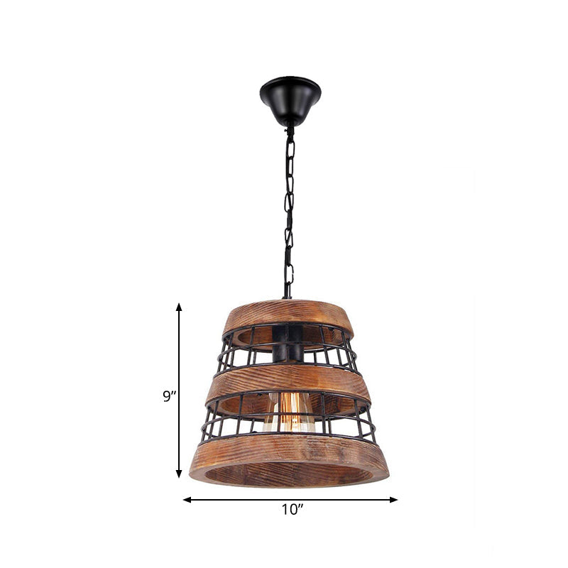 Vintage Wood Barrel Pendant Lamp With Metal Cage For Dining Room Ceiling