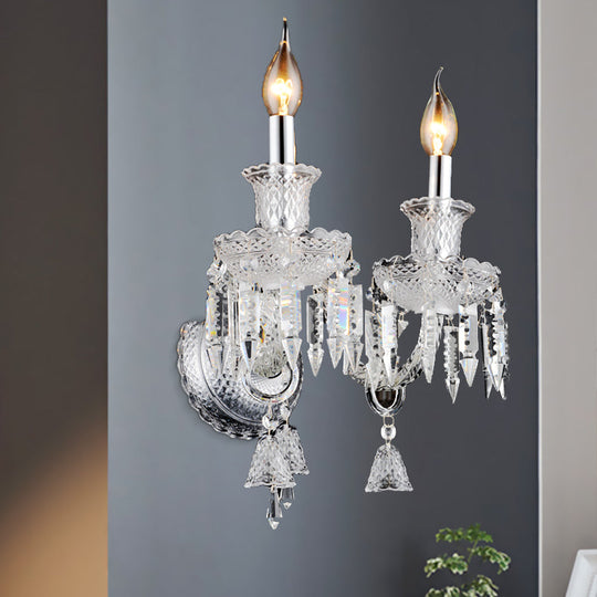 Modern Chrome Candelabra Wall Light With Clear Glass And Diamond Crystal Decoration