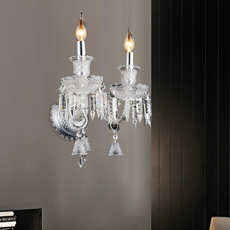 Modern Chrome Candelabra Wall Light With Clear Glass And Diamond Crystal Decoration