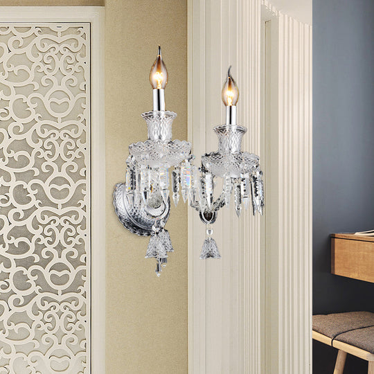 Modern Chrome Candelabra Wall Light With Clear Glass And Diamond Crystal Decoration