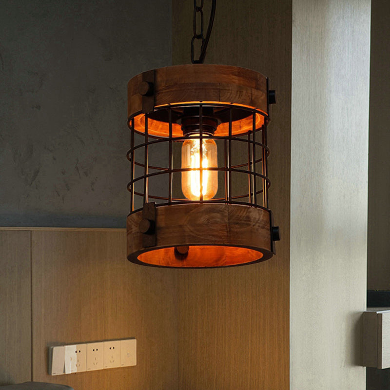 Traditional Brown Wood Barrel Pendant Lamp With Caged Hanging Ceiling Light - Perfect For Dining