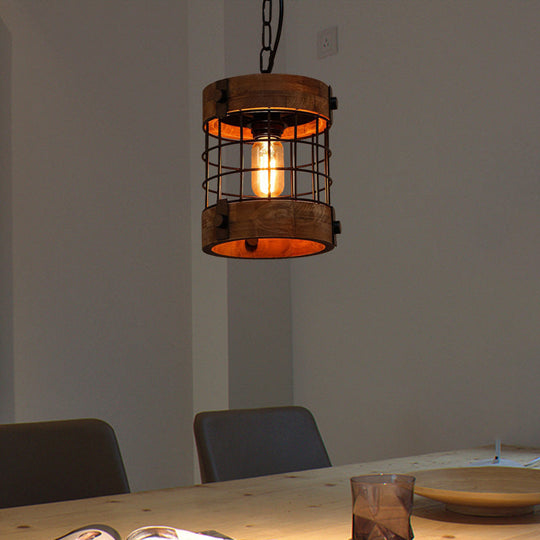 Traditional Brown Wood Barrel Pendant Lamp With Caged Hanging Ceiling Light - Perfect For Dining